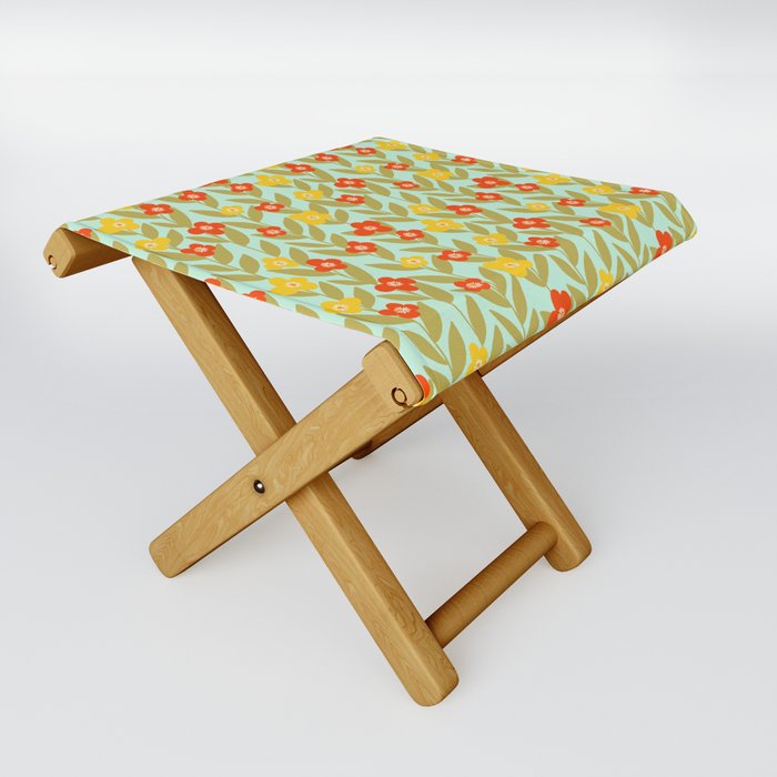 Mid century modern floral and leaves seamless pattern in yellow, red on blue  Folding Stool