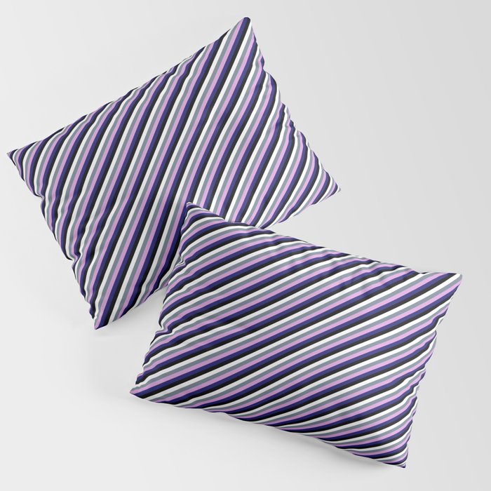 Vibrant Slate Gray, Plum, Midnight Blue, Black, and White Colored Stripes Pattern Pillow Sham