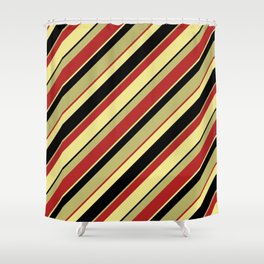 [ Thumbnail: Dark Khaki, Red, Tan, and Black Colored Pattern of Stripes Shower Curtain ]