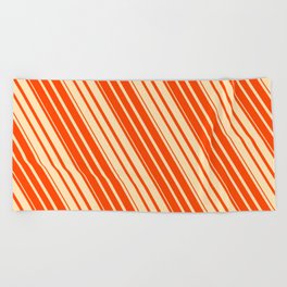 [ Thumbnail: Beige and Red Colored Striped Pattern Beach Towel ]