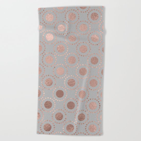 Rosegold pink metalfoil polkadots on grey backround 1 Beach Towel