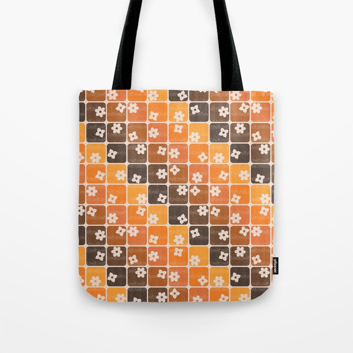 Ombre Orange Retro Diagonal Square Flowers Tote Bag
