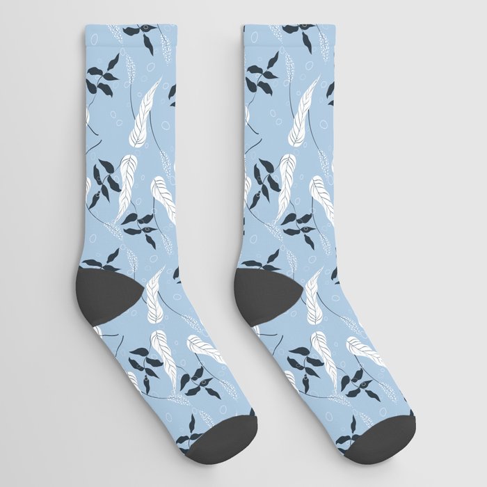 Leaf Pattern On Pale Blue Background Socks