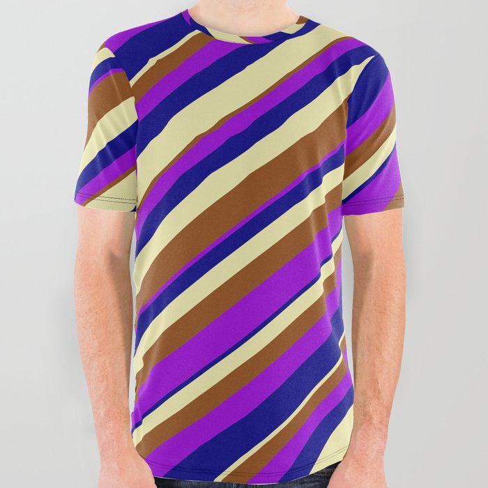 Pale Goldenrod, Brown, Dark Violet & Blue Colored Lined Pattern All Over Graphic Tee