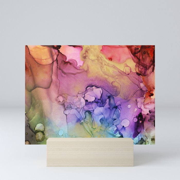 Colorful Abstract Ink Swirls with Gold Marble Mini Art Print