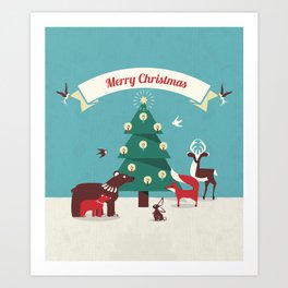 Christmas Animals and Christmas Tree Art Print