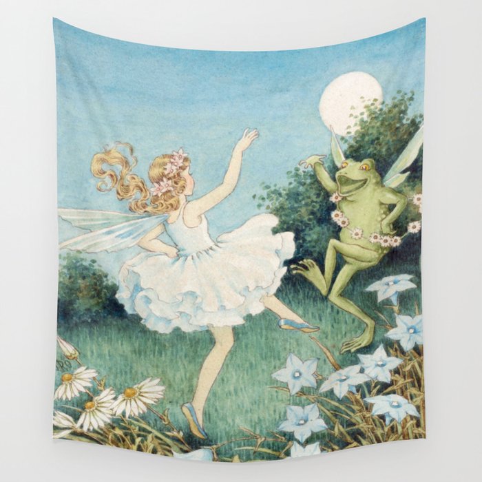 Vintage Fairy illustration Fairy Dancing With Frog Wall Tapestry