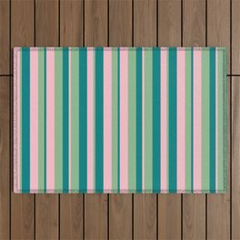 [ Thumbnail: Dark Sea Green, Pink & Teal Colored Lined/Striped Pattern Outdoor Rug ]