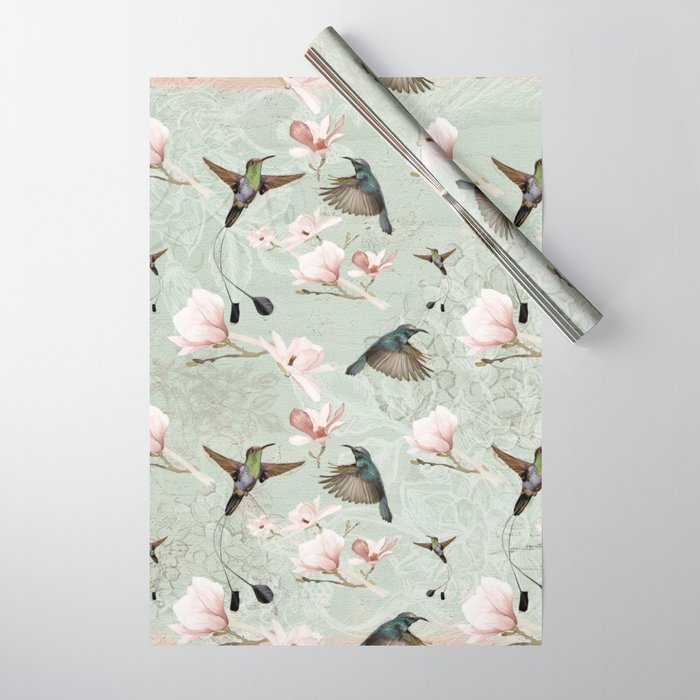 Vintage Watercolor hummingbird and Magnolia Flowers on mint Background Wrapping Paper