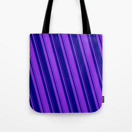 [ Thumbnail: Blue & Purple Colored Pattern of Stripes Tote Bag ]