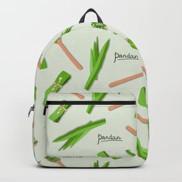 Vector seamless flat lay pattern of pandan leaves, shredded pandan spices in wooden spoon and wrapped leaves on green background Backpack