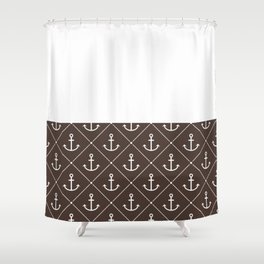 White Anchors on Dark Brown and White Horizontal Split Shower Curtain