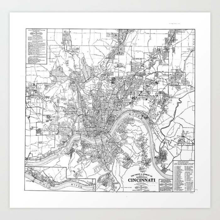 Vintage Map Of Cincinnati Ohio 1915 Bw Art Print By Bravuramedia Society6