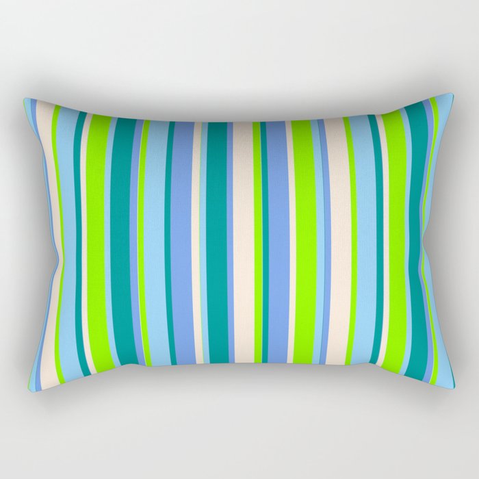 Eye-catching Chartreuse, Light Sky Blue, Dark Cyan, Cornflower Blue, and Beige Colored Lines Pattern Rectangular Pillow