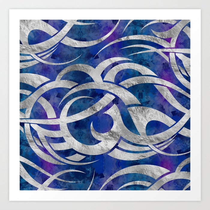 Abstract Maori Curve Shapes Silver Purple Art Print By