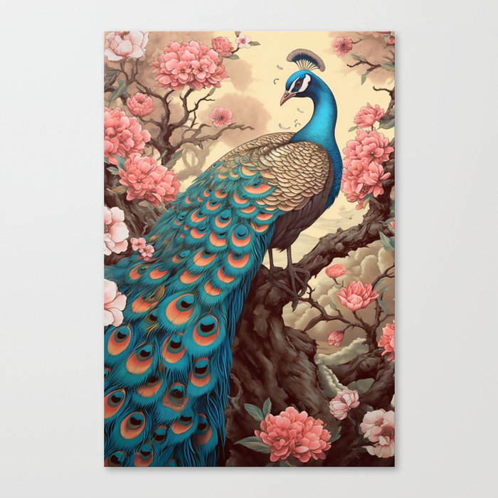 Peacock with Flowers Canvas Print