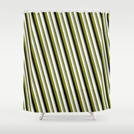 [ Thumbnail: Dark Gray, Mint Cream, Green & Black Colored Stripes/Lines Pattern Shower Curtain ]