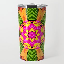 Colored round floral mandala on a red, green and yellow colors. Vintage illustration.  Travel Mug