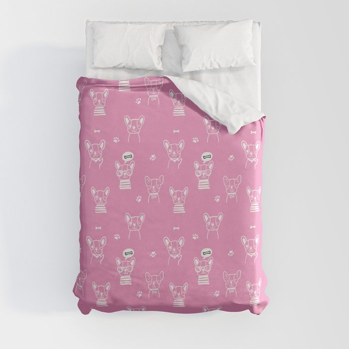 Pink and White Hand Drawn Dog Puppy Pattern Duvet Cover