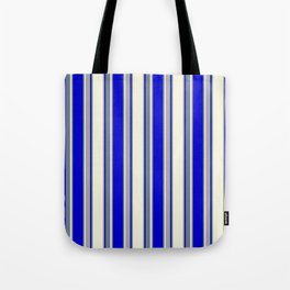 [ Thumbnail: Beige, Dark Grey, Blue, and Slate Gray Colored Pattern of Stripes Tote Bag ]