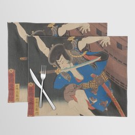 Samurai Jumping From The Ship Into The Sea - Antique Japanese Ukiyo-e Woodblock Print Art Placemat