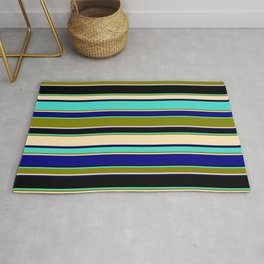 [ Thumbnail: Turquoise, Green, Beige, Blue & Black Colored Striped/Lined Pattern Rug ]