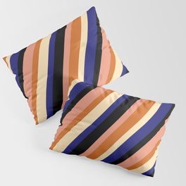 [ Thumbnail: Eye-catching Black, Dark Salmon, Chocolate, Beige, and Midnight Blue Colored Striped Pattern Pillow Sham ]