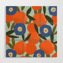 Clementine Orange Blue Flowers Pattern Leaves Wood Wall Art