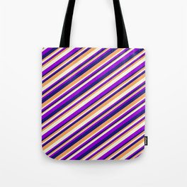 [ Thumbnail: Dark Violet, Midnight Blue, Brown, and Beige Colored Striped Pattern Tote Bag ]