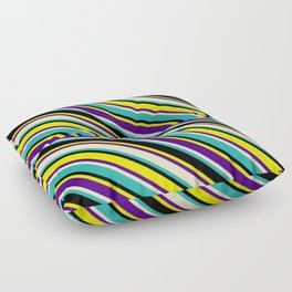 [ Thumbnail: Eyecatching Yellow, Indigo, Bisque, Light Sea Green, and Black Colored Lined Pattern Floor Pillow ]