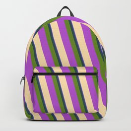 [ Thumbnail: Colorful Slate Blue, Dark Slate Gray, Green, Orchid & Beige Colored Striped Pattern Backpack ]