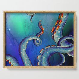 Octopus Tentacles Kraken Galaxy Teal Blue Stars Ink Art Serving Tray