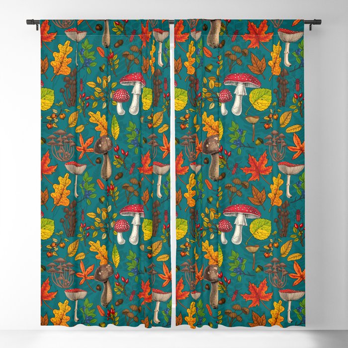 Autumn mushrooms, leaves, nuts and berries on blue Blackout Curtain