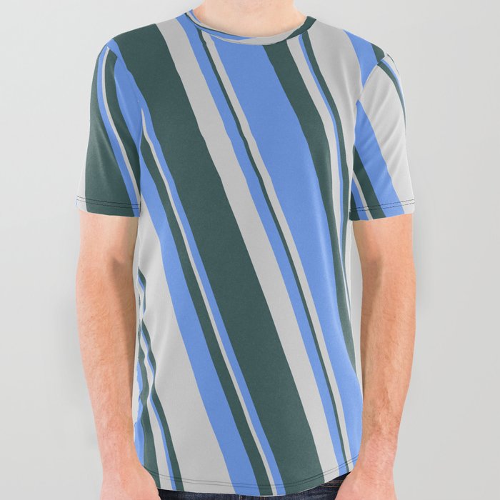 Cornflower Blue, Light Grey & Dark Slate Gray Colored Lines/Stripes Pattern All Over Graphic Tee
