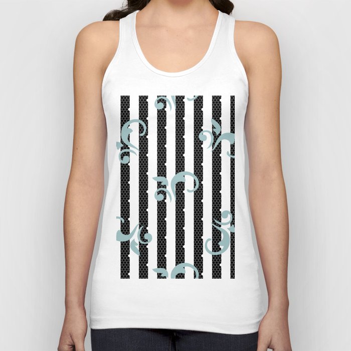 Sage Turquoise Lace Paisley and White Dots on Black and White Stripes Tank Top