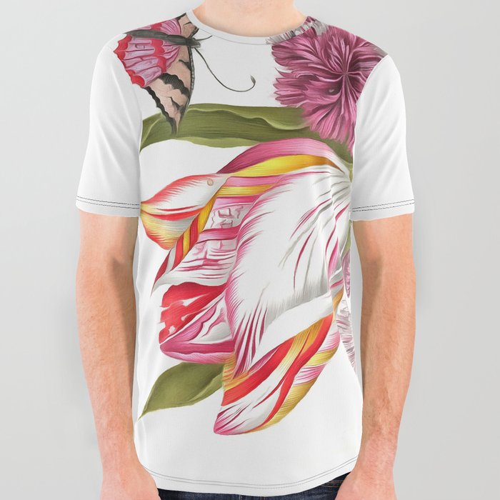Bird with Tulip Carnations And Butterflies Acrylic Painting All Over Graphic Tee