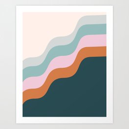 Abstract Diagonal Waves in Teal, Terracotta, and Pink Art Print