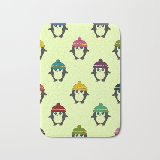 Penguins with colorful beanies Bath Mat