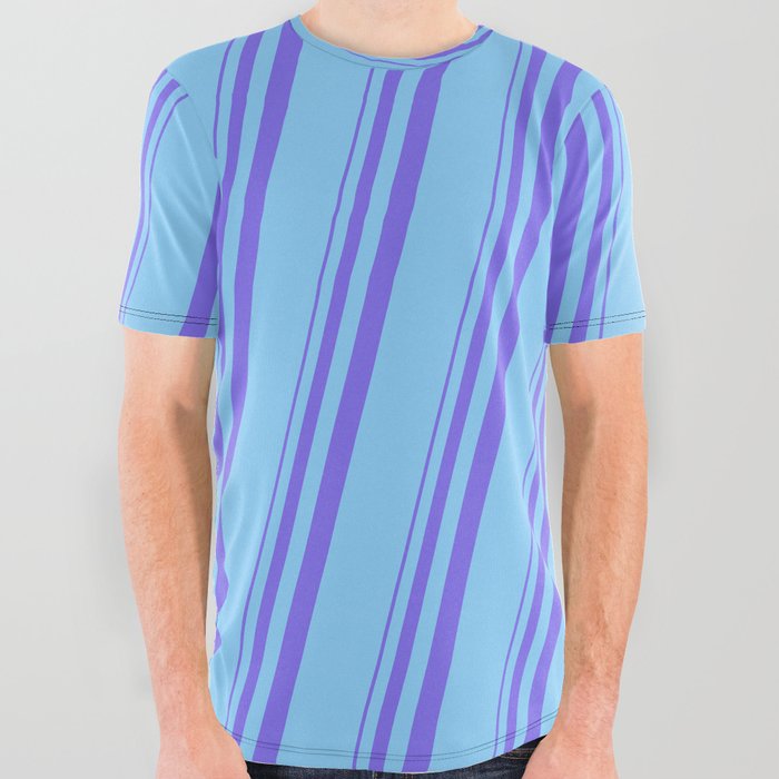 Medium Slate Blue & Light Sky Blue Colored Stripes Pattern All Over Graphic Tee