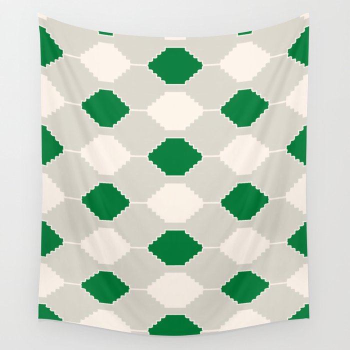 Abstract Southwest Plaid Pattern in Green and Light Grey Wall Tapestry