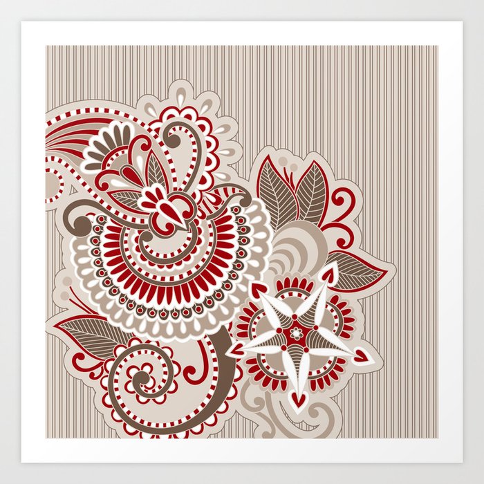 Paisley Ornament Beige and Red Art Print