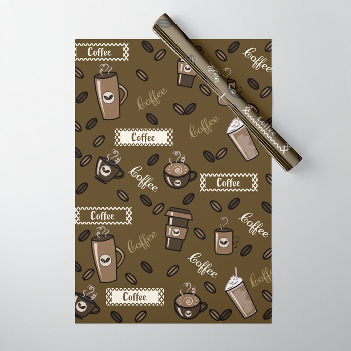 Coffee Cups Pattern on Dark Brown Background Wrapping Paper by