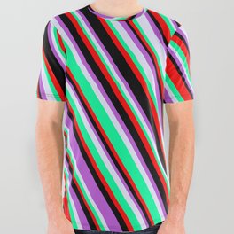 [ Thumbnail: Lavender, Green, Red, Black & Orchid Colored Lines/Stripes Pattern All Over Graphic Tee ]