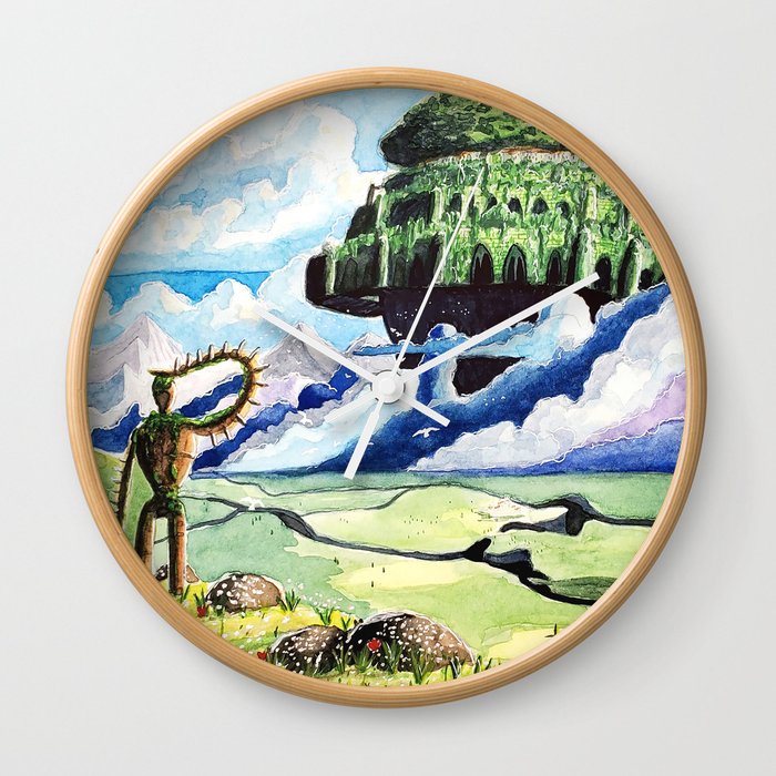 Laputa, Relaxing Dreamy Cloud, Blue Sky, Green Scenery Painting, Japanese animation Wall Clock