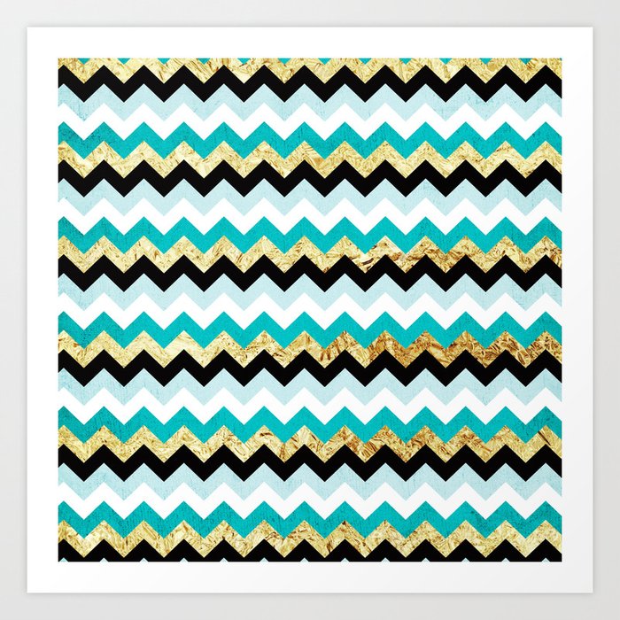 Black Teal And Gold Chevron Pattern Art Print By Piplulu Society6