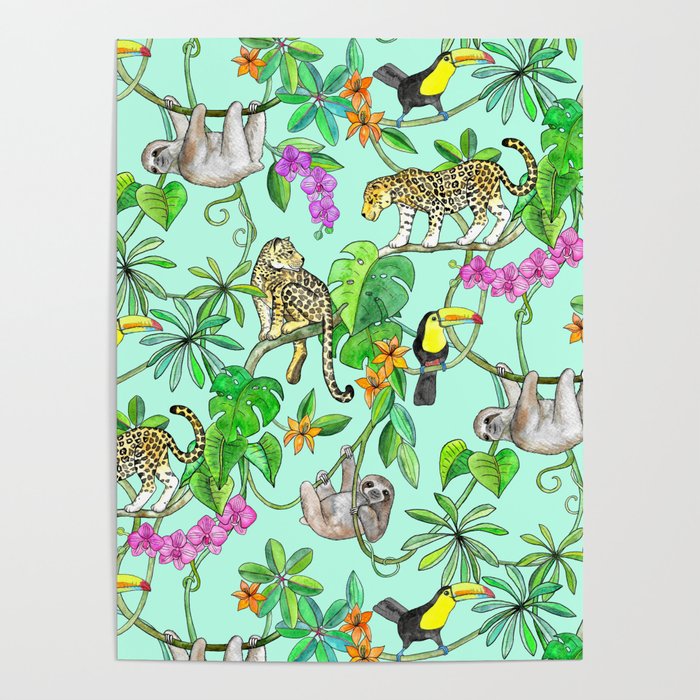 Rainforest Friends - watercolor animals on mint green Poster