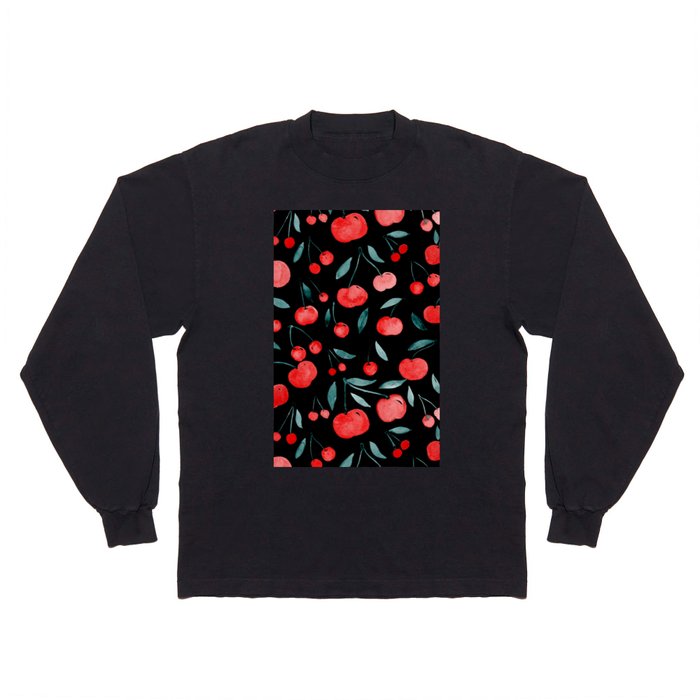 Watercolor cherries - black, red and teal Long Sleeve T Shirt