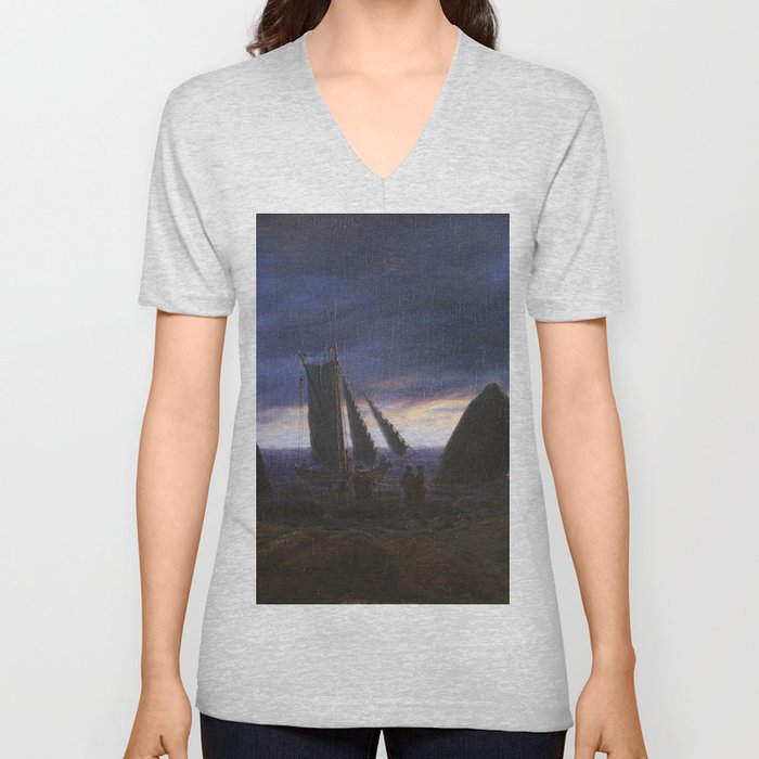 fishing boat between two rocks beach baltic sea vintage painting V Neck T Shirt