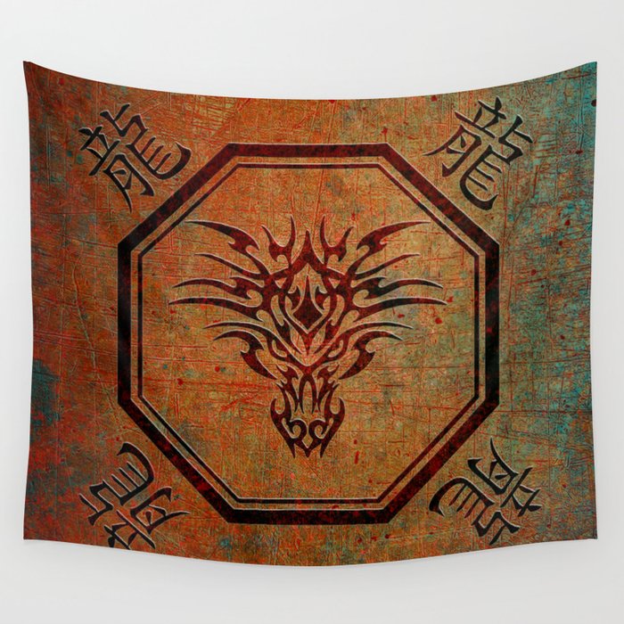 Tribal Dragon Head In Octagon With Dragon Chinese Characters Wall Tapestry
