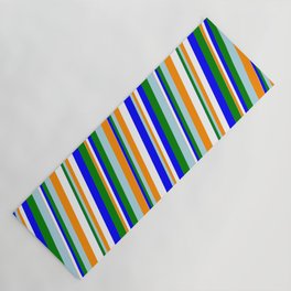 [ Thumbnail: Eye-catching Light Blue, Dark Orange, White, Blue & Green Colored Lined/Striped Pattern Yoga Mat ]